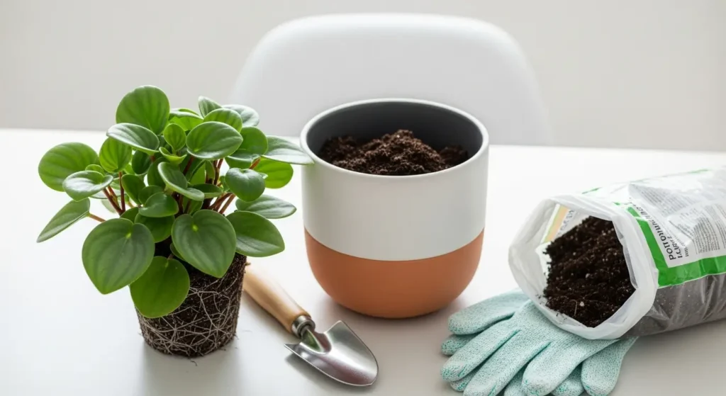 Indoor plant being repotted into a ceramic pot with fresh soil and gardening tools arranged on a wooden table under natural light.