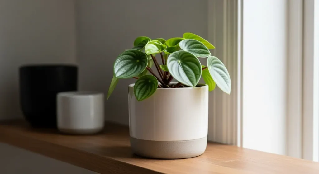 Healthy indoor peperomia plant in a ceramic pot on a windowsill, illustrating key peperomia plant care practices.