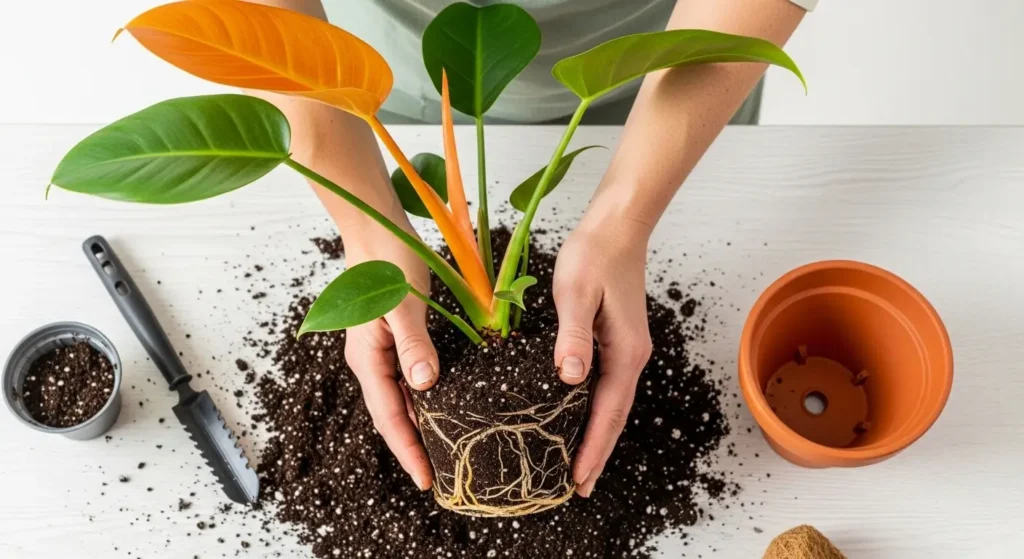Philodendron billietiae care repotting process showing plant with orange petioles in fresh aroid soil mix and new pot