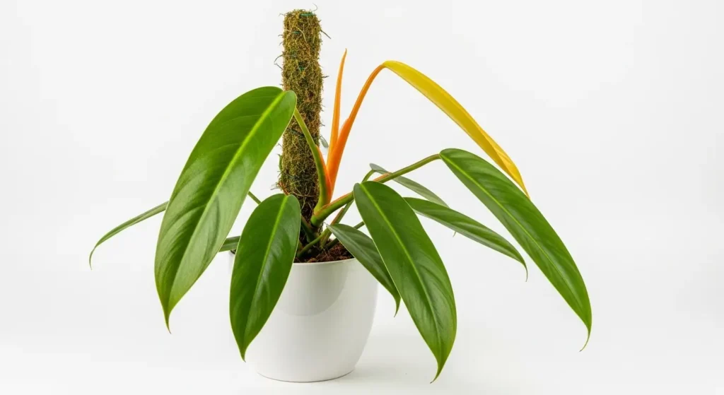 Philodendron billietiae care showing glossy green leaves with distinctive orange petioles in white pot