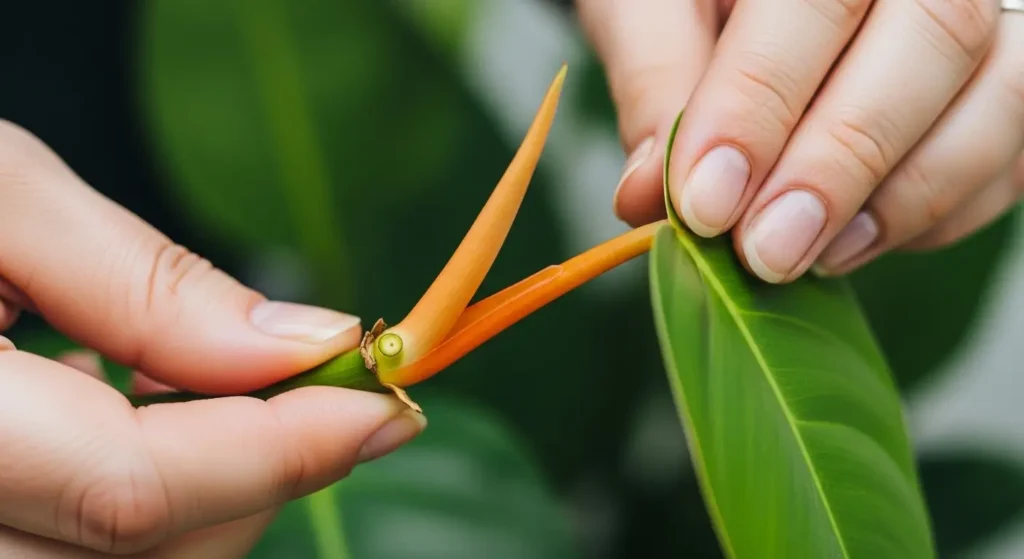 Philodendron billietiae care propagation showing stem cutting with orange petiole and roots in clear glass jar