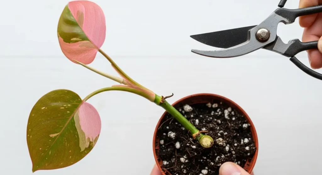 Step-by-step guide for propagating Pink Princess Philodendron stem cutting in a terracotta pot with pink and green variegated leaves.