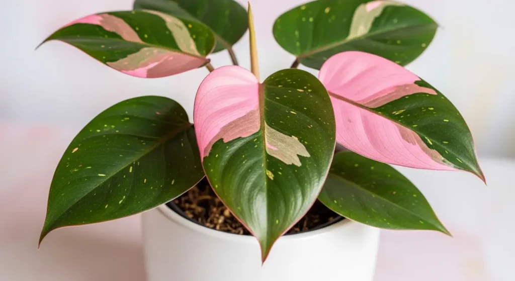 Pink princess philodendron with glossy dark green and hot pink variegated leaves in white pot on light background