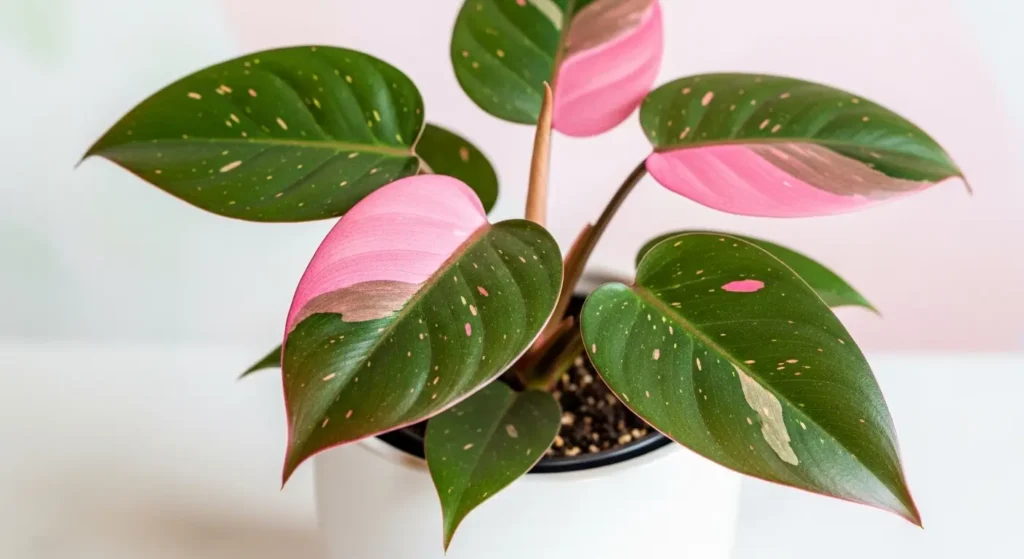 Pink Princess Philodendron in a modern white ceramic pot, showcasing large, glossy leaves with dark green and hot pink variegation.