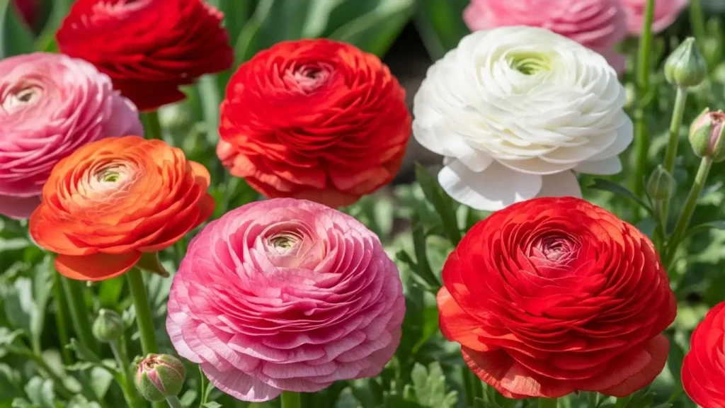 Vibrant ranunculus flower blooms in pink, red, and white colors growing in a spring garden bed