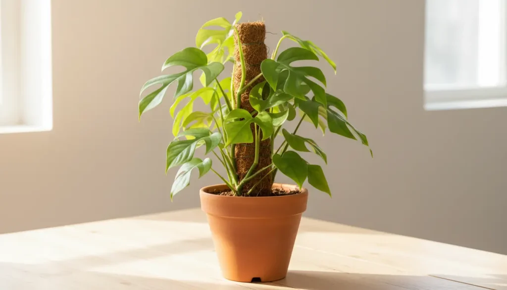 Rhaphidophora tetrasperma with fenestrated leaves climbing coco coir pole in terracotta pot