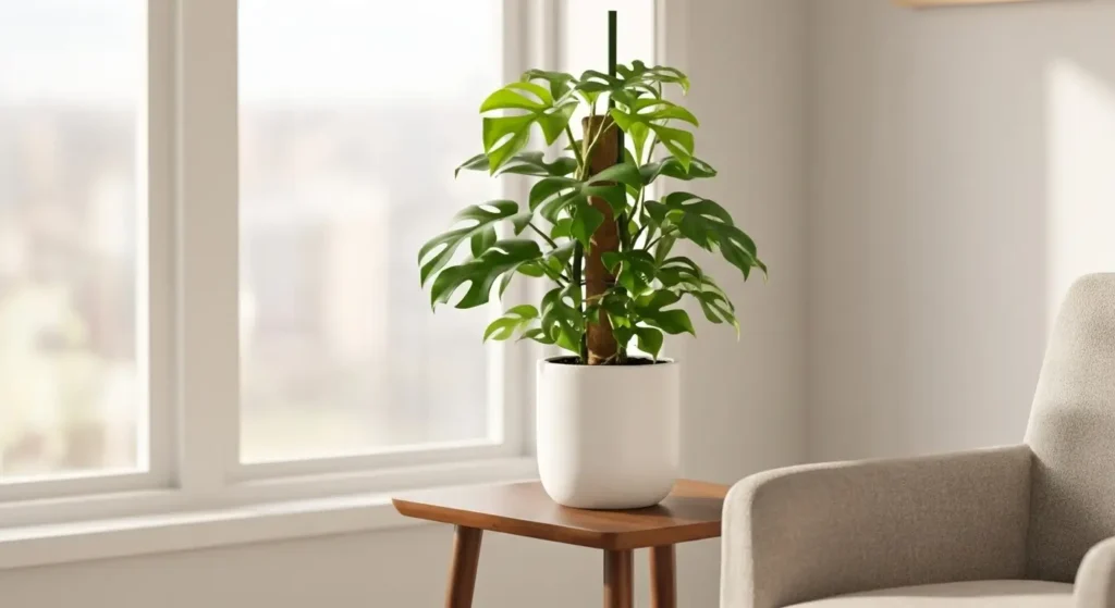 Rhaphidophora tetrasperma climbing on moss pole in white pot on wooden table near window