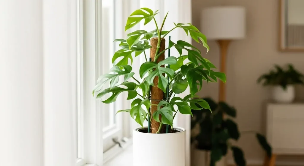 Rhaphidophora tetrasperma plant with split fenestrated leaves in white ceramic pot near window