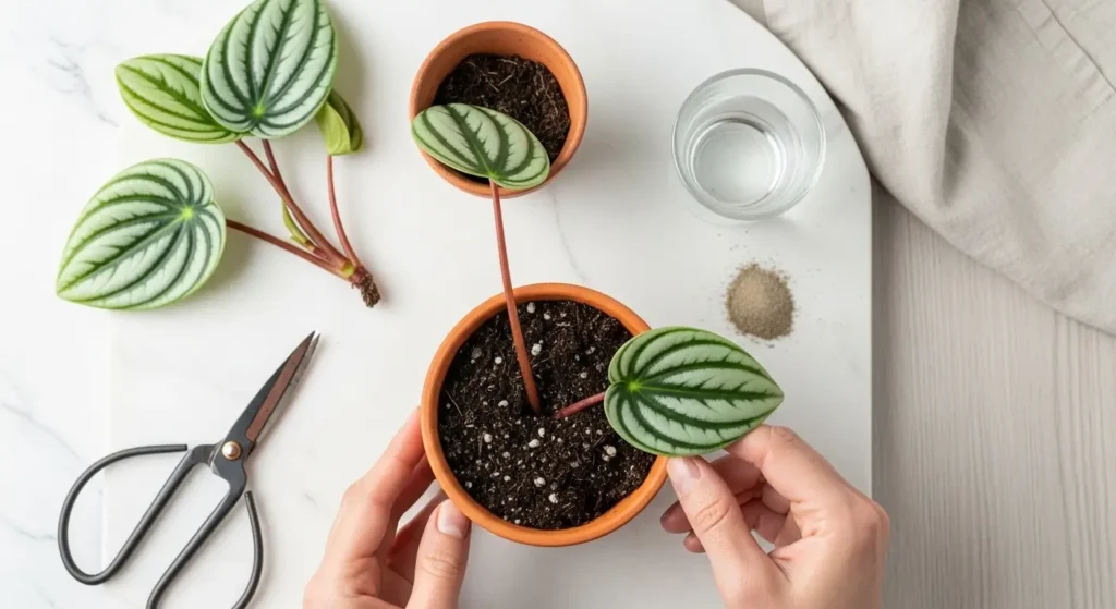 Watermelon peperomia propagation showing leaf cutting with petiole being inserted into potting soil for propagating watermelon peperomia
