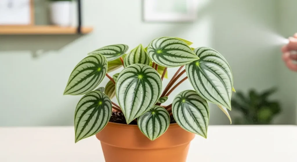 Watermelon peperomia care guide showing healthy plant with distinctive silver-striped leaves in terracotta pot