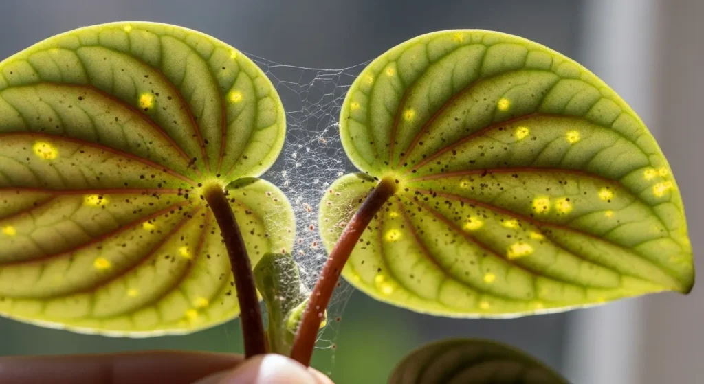 Spider mites on watermelon peperomia leaf showing fine webbing and stippled damage for pest identification and treatment