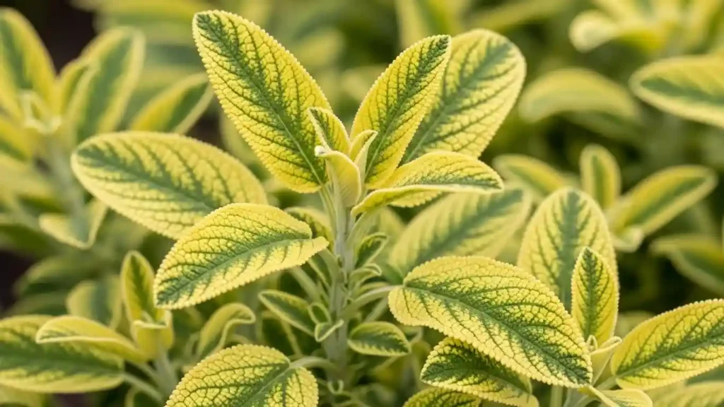Golden sage identification showing Salvia officinalis Aurea with distinctive chartreuse-yellow variegated leaves and green veining