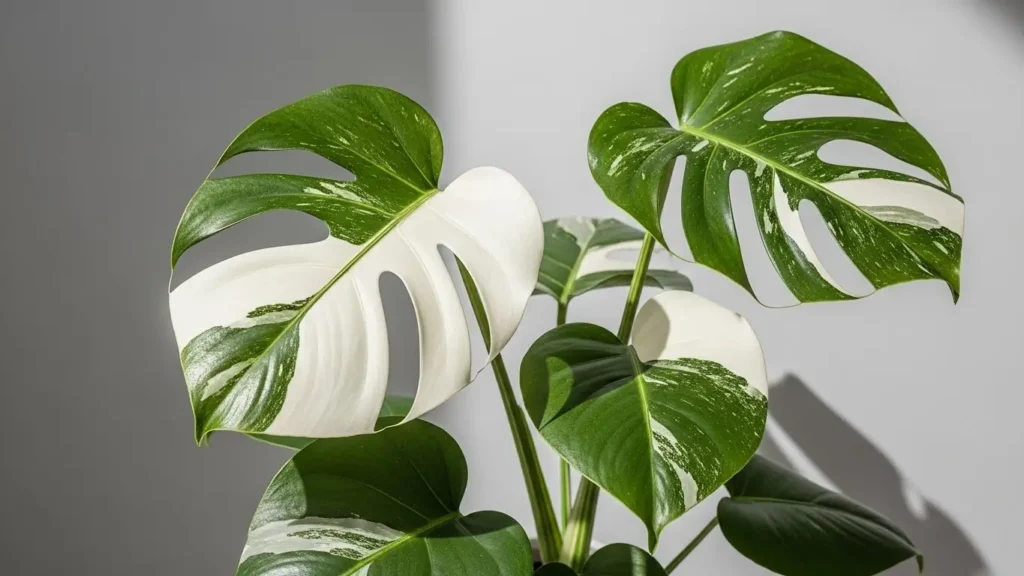 Monstera Albo cutting with variegated leaves and a visible node prepared for propagation in water.