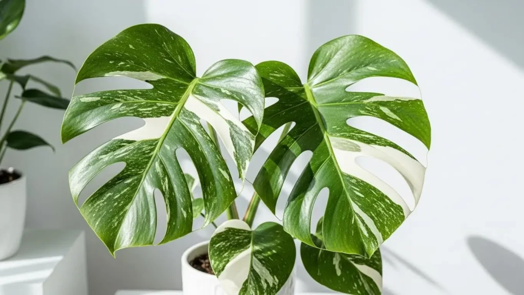 Monstera Albo in a modern pot with large white-and-green variegated leaves.