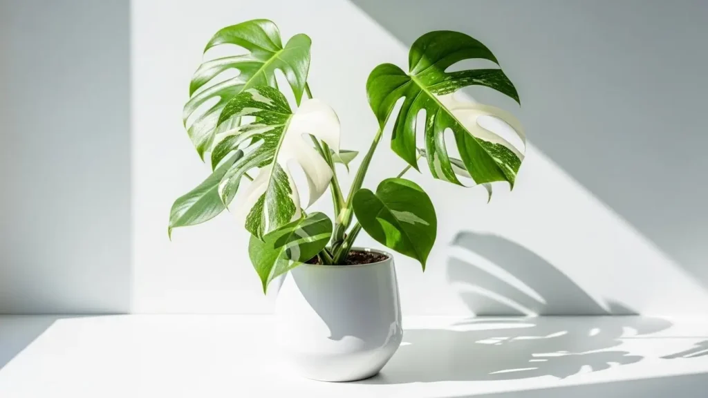 Monstera Albo stem cutting with white-and-green variegated leaves placed in a glass of water for propagation.