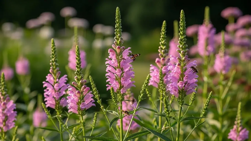 Obedient plant (Physostegia virginiana) with tall purple flower spikes blooming in a sunny garden border