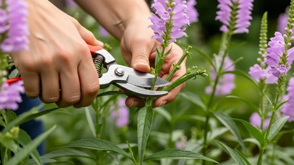 Gardener pruning obedient plant with bypass shears to deadhead spent flowers and maintain plant health
