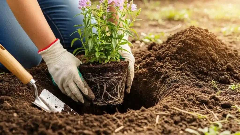 Gardener planting obedient plant in garden soil with compost, demonstrating proper planting depth and spacing techniques
