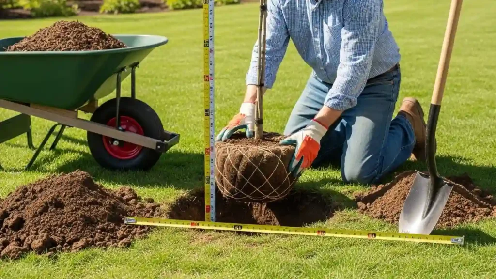 Princeton elm tree care planting technique showing gardener placing young sapling at proper depth with root ball visible