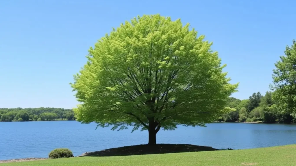 Princeton elm tree care showing mature vase-shaped canopy with dark green foliage in landscape setting