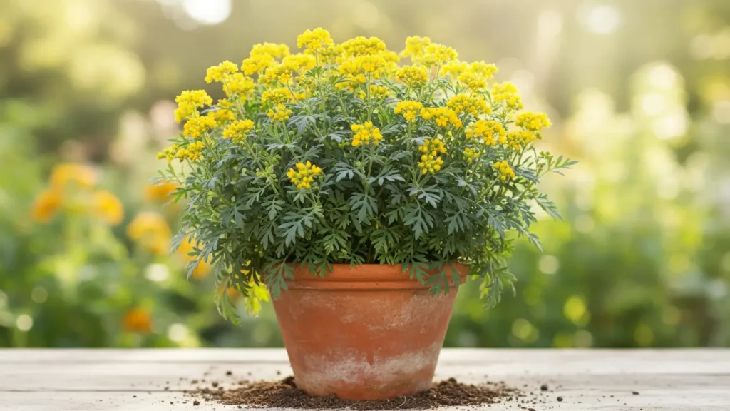 Ruda plant with blue-green ferny leaves and yellow flowers in terracotta pot on wooden surface for plant care guide
