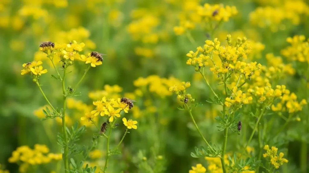 Ruda plant with bluish-green feathery leaves and yellow flowers growing naturally in Mediterranean garden outdoors