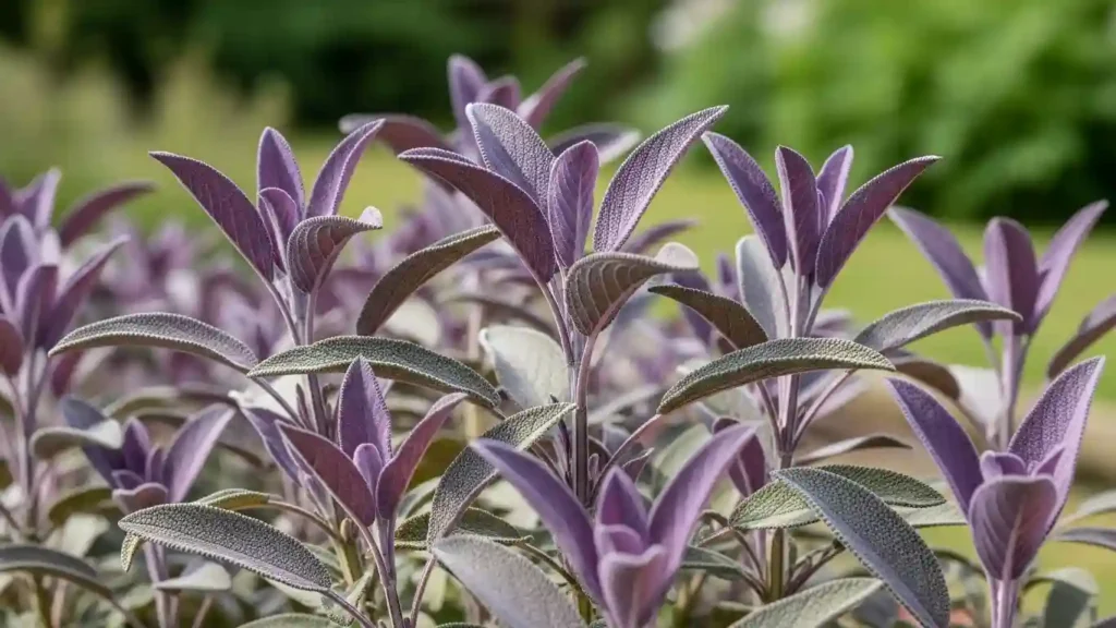 Purple sage identification showing Salvia officinalis Purpurascens with distinctive purple-tinged fuzzy leaves for easy recognition