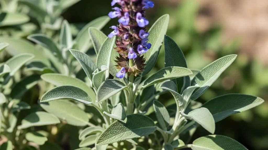 Sage identification showing gray-green fuzzy leaves and purple flower spikes of common sage plant in garden