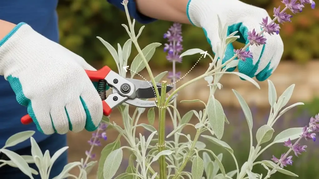 Hands using bypass pruners to prune swanleaf clouding sage woody stems above leaf nodes for compact growth