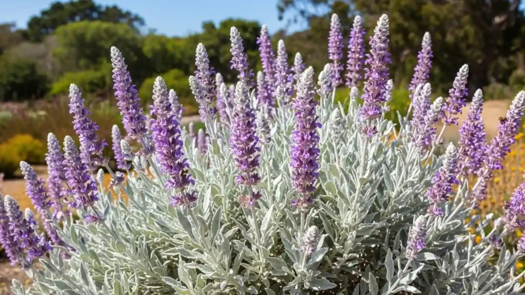 Swanleaf clouding sage with silvery-gray foliage and purple flower spikes in a California native garden