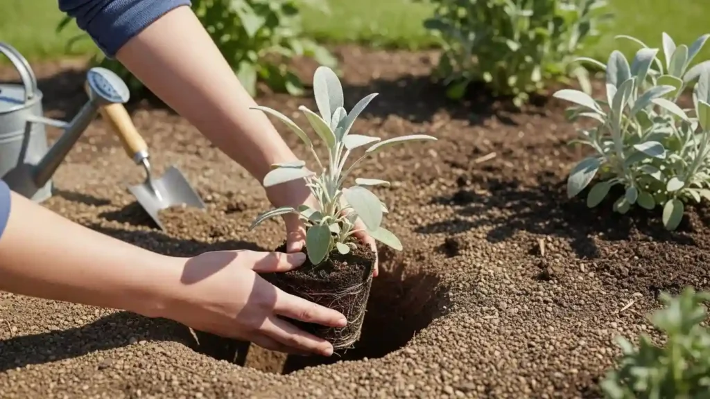 Gardener planting swanleaf clouding sage in well-draining sandy soil with proper spacing in sunny garden location