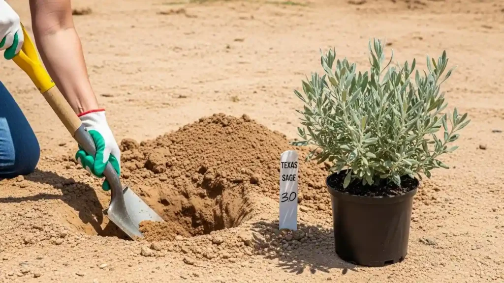Planting Texas Sage properly in well-draining soil with wide hole twice the size of root ball for successful transplanting