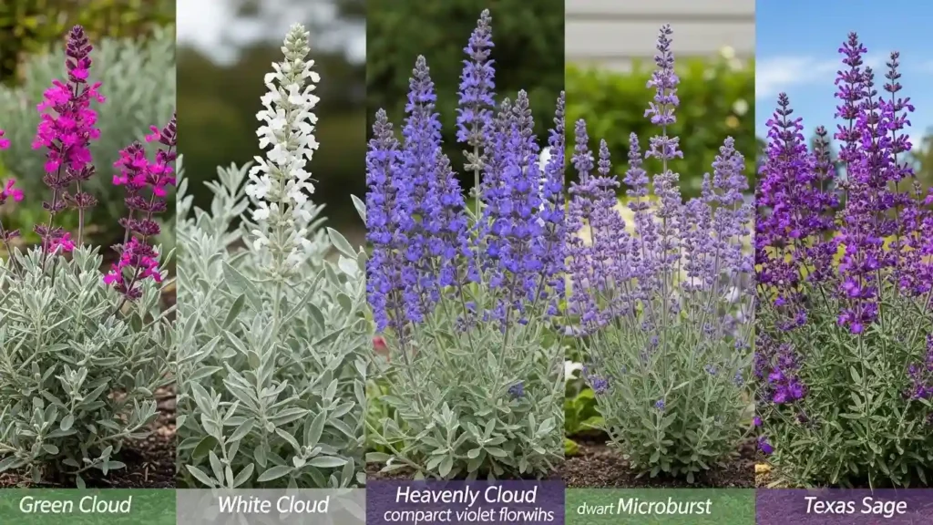 Types of Texas Sage varieties showing Green Cloud, White Cloud, Heavenly Cloud and other cultivars with different colored blooms