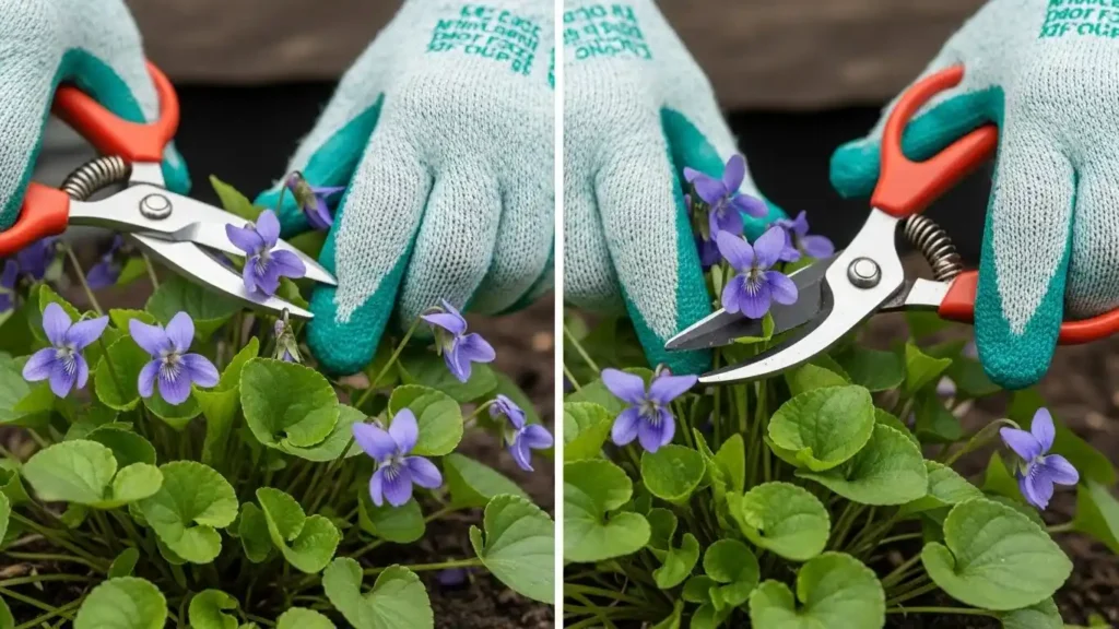 Pruning wood violet plants with garden shears to control spreading and maintain compact growth