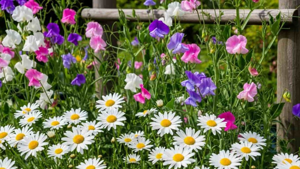 April birth flower varieties including English daisies and climbing sweet peas in a spring garden with natural sunlight