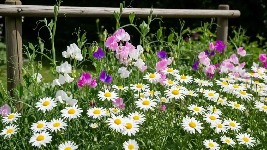 April birth flower varieties including English daisies and climbing sweet peas in a spring garden with natural sunlight