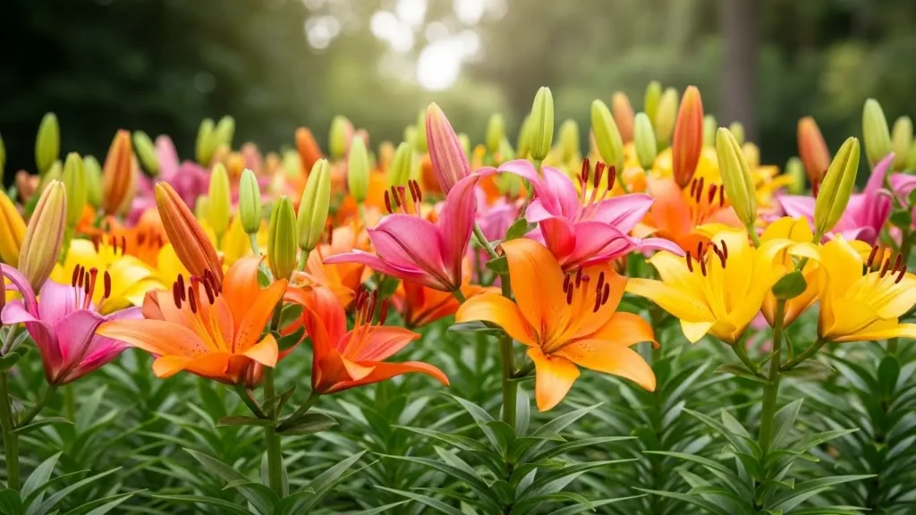 Asiatic lily garden display with multiple colored blooms including yellow, orange, and pink flowers on tall stems