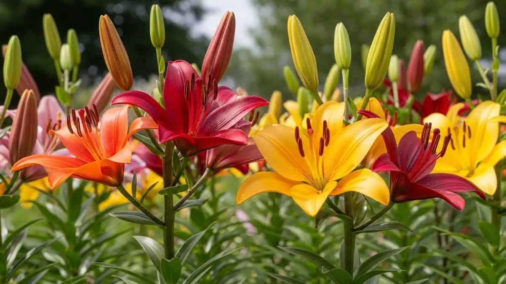 Colorful Asiatic lily blooms in a garden bed featuring red, orange, and pink trumpet-shaped flowers with green foliage