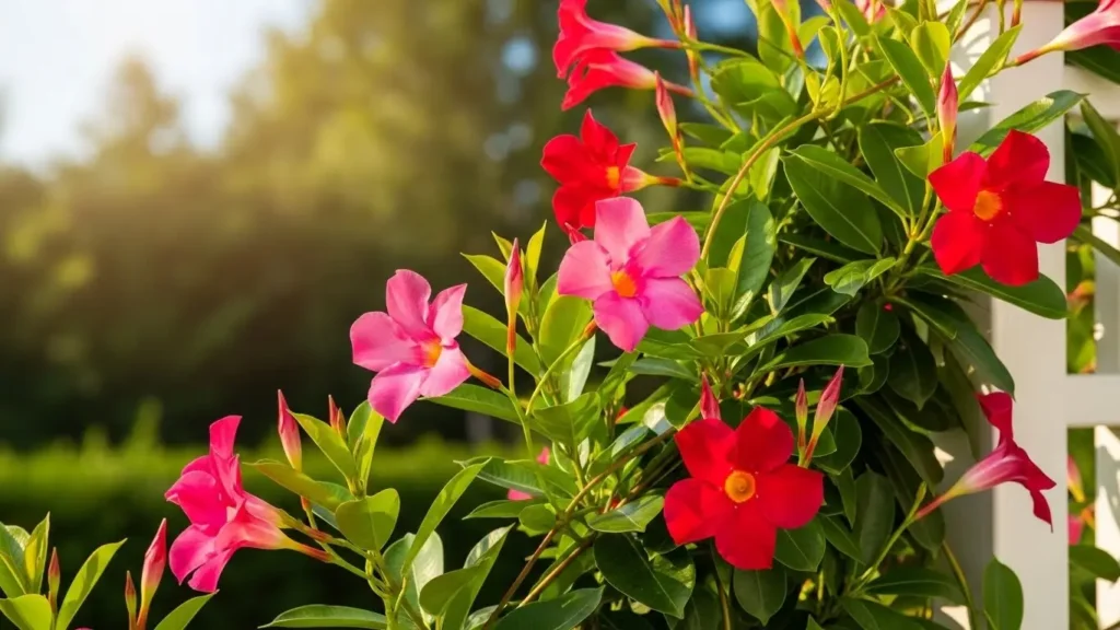 Beautiful dipladenia plant with pink trumpet flowers and glossy leaves demonstrating proper dipladenia care in sunny garden setting