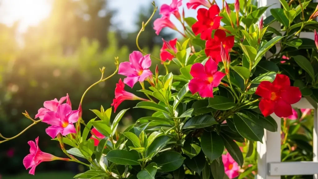 Thriving dipladenia plant with glossy foliage and pink flowers illustrating essential dipladenia care requirements for home gardens