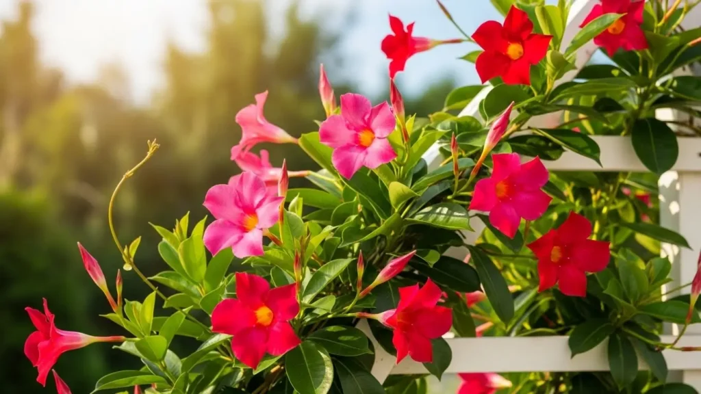 Healthy dipladenia vine with vibrant red blooms showing successful dipladenia care practices in outdoor garden