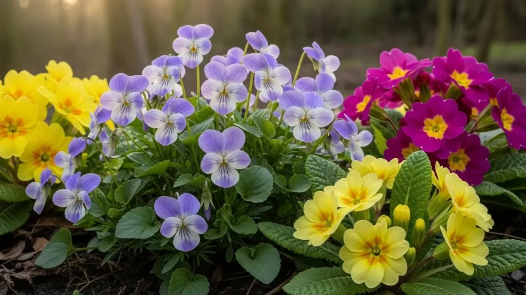 February birth flower display featuring purple violets and yellow primroses blooming in early spring woodland garden setting