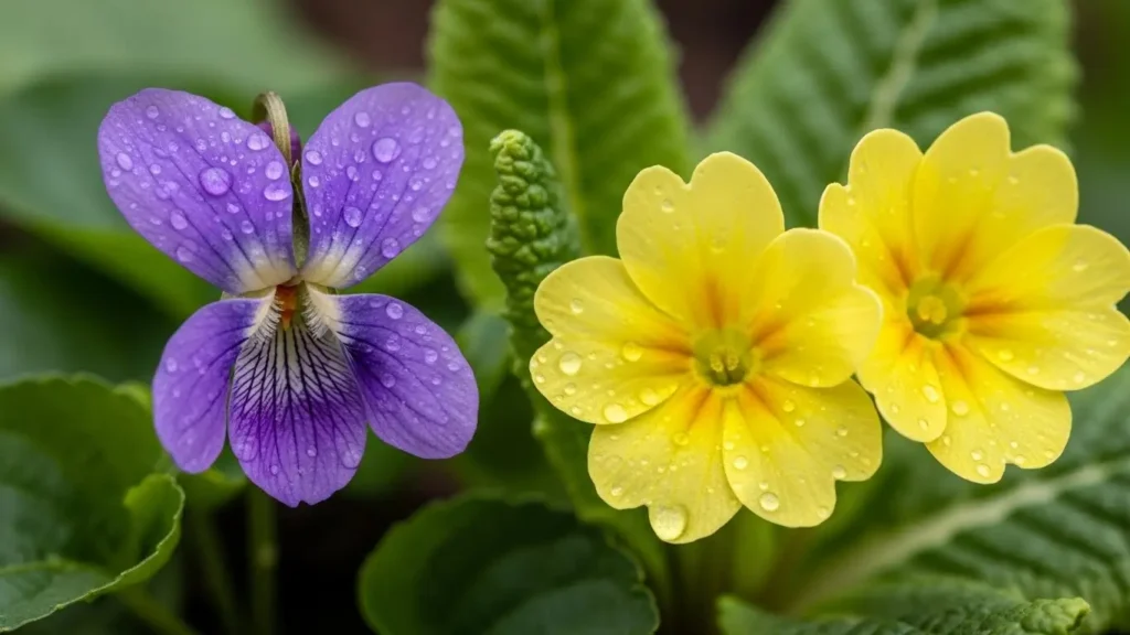 Macro photograph of february birth flower featuring single purple violet and yellow primrose bloom with water droplets and petal details