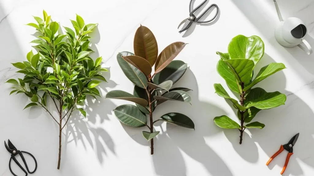 Three ficus plant varieties showing weeping fig, rubber plant, and fiddle leaf fig differences