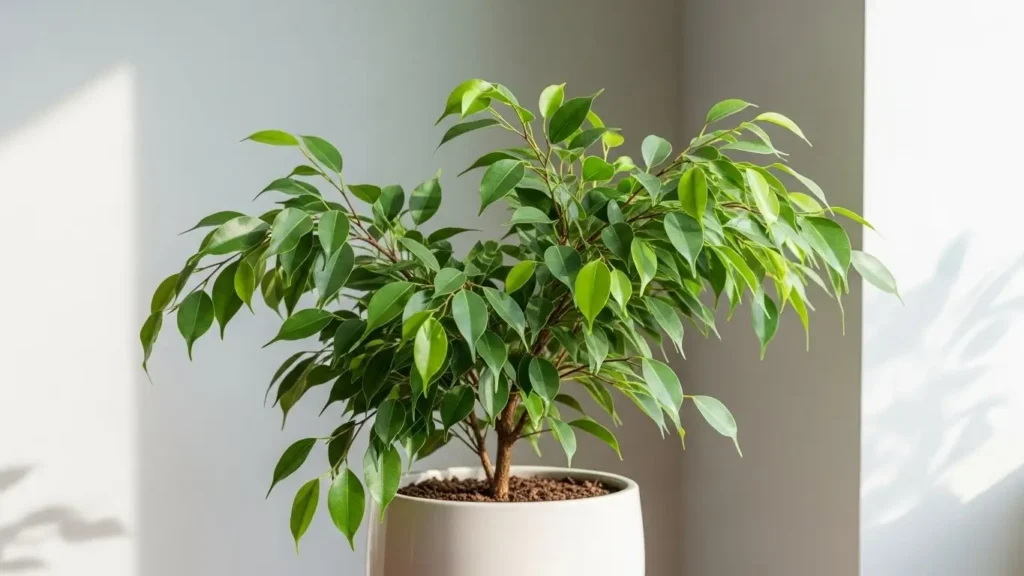 Healthy ficus plant with glossy green leaves in white ceramic pot for indoor care guide