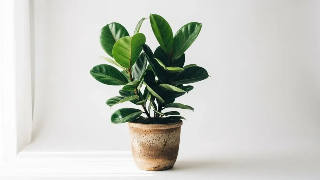 Close-up of healthy ficus plant leaves with water droplets showing glossy green foliage