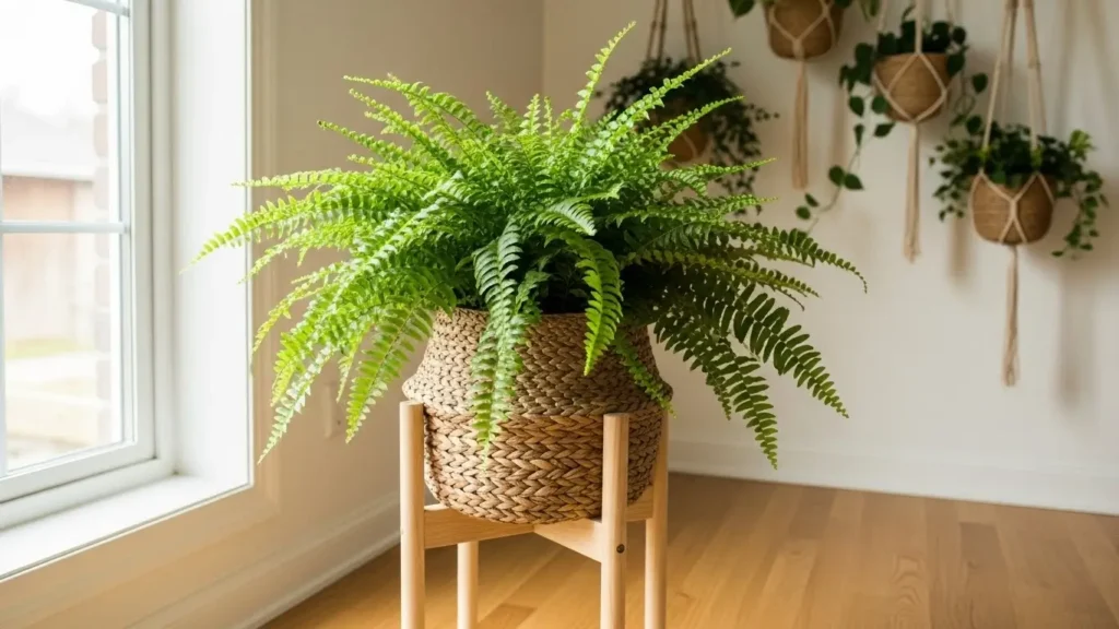 Lush kimberly fern houseplant with vibrant green fronds in white pot indoors showing proper care and healthy growth