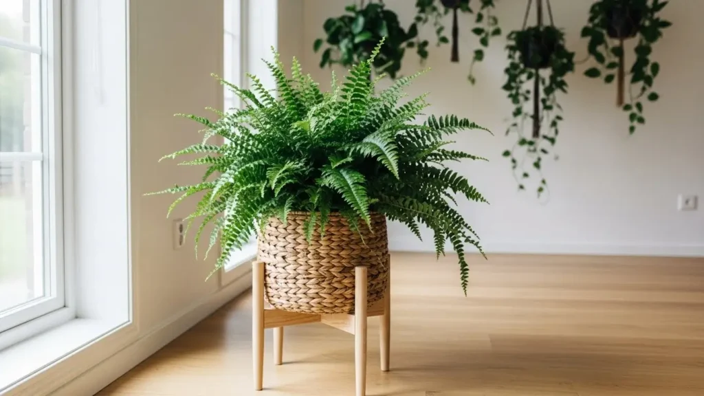 Thriving kimberly fern indoors with lush upright fronds in decorative pot showing successful houseplant care techniques