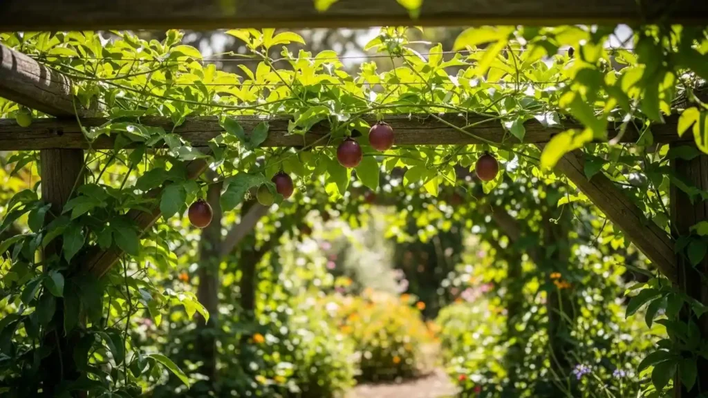 Growing lilikoi with proper plant care techniques showing ripe purple fruits and blooming passion flowers on trellis