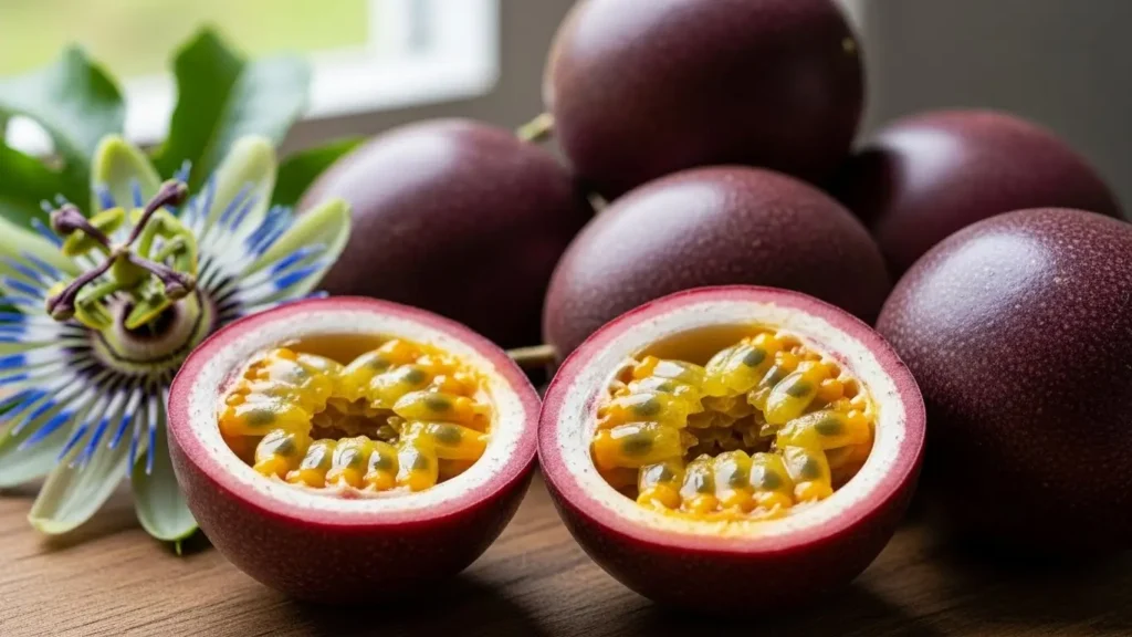Lilikoi plant care demonstration with healthy purple passion fruits and distinctive flowers on climbing vine